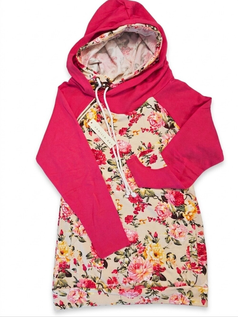 NWT Vanilla Bay Floral Asymmetrical Zip Hoodie Pink Cream Raglan Sweatshirt S